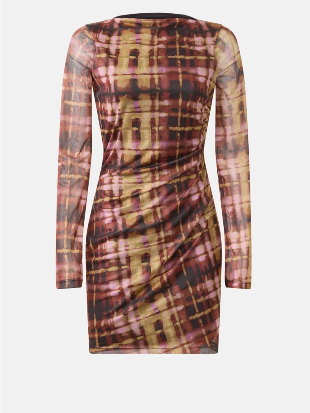 Long-Sleeve Ruched Bodycon Dress in Brown and Pink Plaid